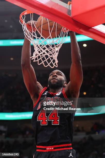 Patrick Williams of the Chicago Bulls dunks against the Milwaukee Bucks during the second half at United Center on February 16, 2023 in Chicago,...