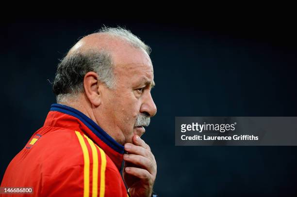 Vincente Del Bosque of Spain watches over his players during a training session at Donbass Arena on June 22, 2012 in Donetsk, Ukraine.