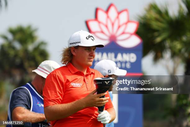 Sami Valimaki of Finland prepares to tee off on the first hole during Day Two of the Thailand Classic at Amata Spring Country Club on February 17,...