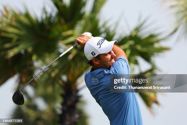 Edoardo Molinari of Italy tees off on the first hole during Day Two of the Thailand Classic at Amata Spring Country Club on February 17, 2023 in...