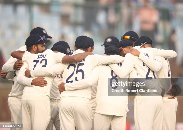 The Indian team huddle during day one of the Second Test match in the series between India and Australia at Arun Jaitley Stadium on February 17, 2023...