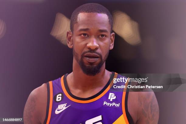 Terrence Ross of the Phoenix Suns looks on during the first half of the NBA game at Footprint Center on February 16, 2023 in Phoenix, Arizona. NOTE...