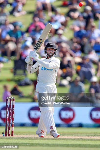 Devon Conway of New Zealand bats during day two of the First Test match in the series between the New Zealand Blackcaps and England at the Bay Oval...