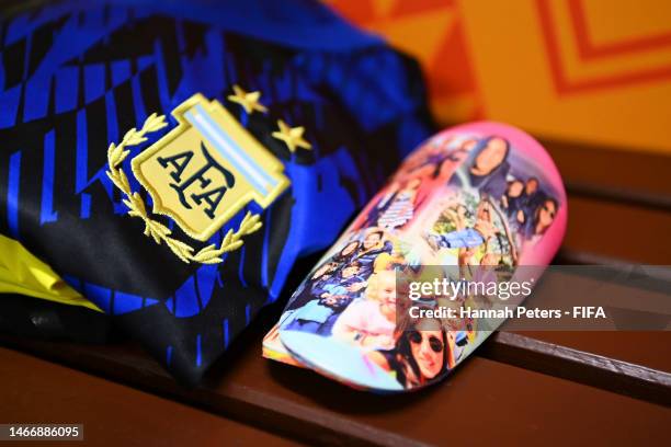 The shin pads of Vanina Correa of Argentina in the team dressing room during the International Friendly match between Argentina and Chile as part of...