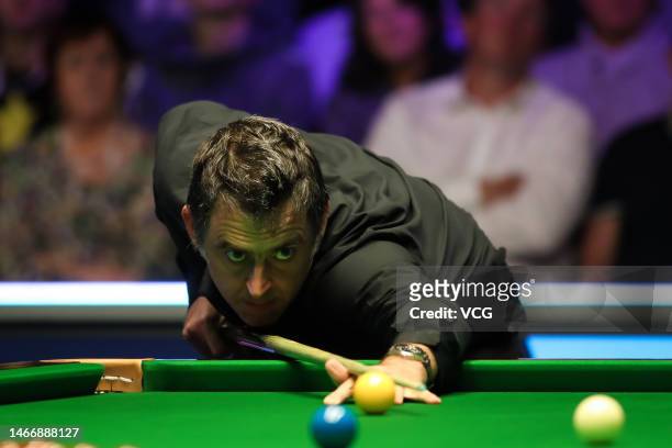 Ronnie O'Sullivan of England plays a shot in the fourth round match against Ben Mertens of Belgium on day four of 2023 Betvictor Welsh Open at Venue...