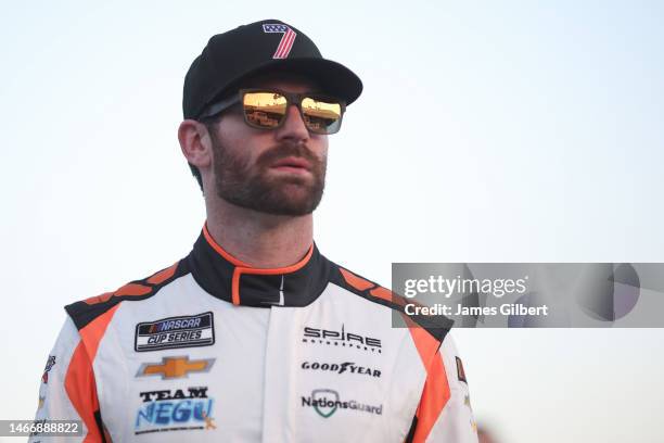 Corey LaJoie, driver of the Celsius Chevrolet, looks on during the NASCAR Cup Series Bluegreen Vacations Duel at Daytona International Speedway on...