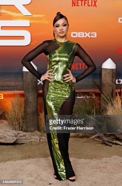 Madison Bailey attends the Premiere of Netflix's "Outer Banks" Season 3 at Regency Village Theatre on February 16, 2023 in Los Angeles, California.