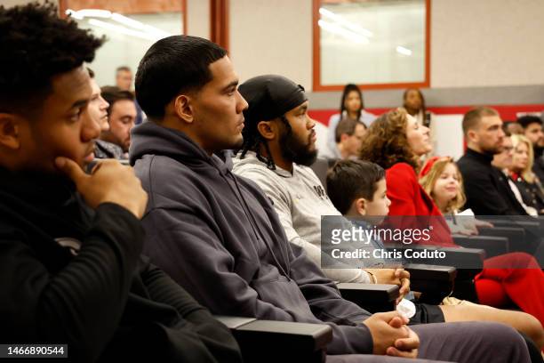 Running back James Conner of the Arizona Cardinals looks on during a press conference introducing new head coach Jonathan Gannon at Dignity Health...