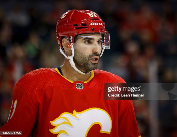Nazem Kadri of the Calgary Flames during a break in play against the Detroit Red Wings at the Scotiabank Saddledome on February 16 in Calgary,...