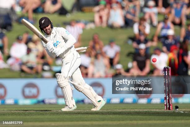 Tom Blundell of New Zealand bats during day two of the First Test match in the series between the New Zealand Blackcaps and England at the Bay Oval...