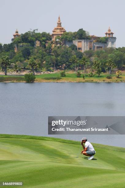 Rafa Cabrera Bello of Spain lines up a putt on the eighth green during Day Two of the Thailand Classic at Amata Spring Country Club on February 17,...