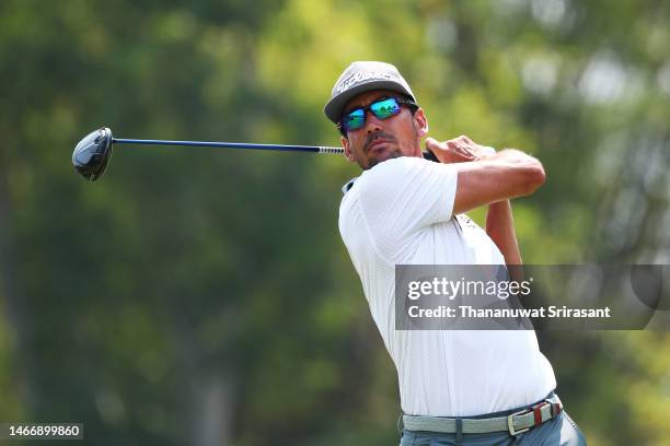 Rafa Cabrera Bello of Spain tees off on the ninth hole during Day Two of the Thailand Classic at Amata Spring Country Club on February 17, 2023 in...