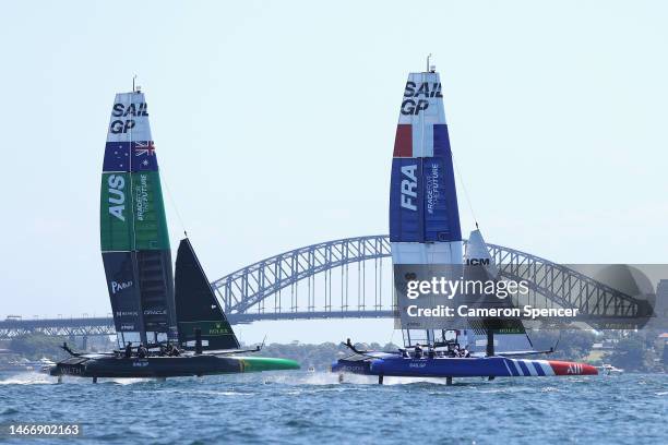 Australia SailGP team and France SailGP team train during an official practice session ahead of SailGP Australia on Sydney Harbour on February 17,...