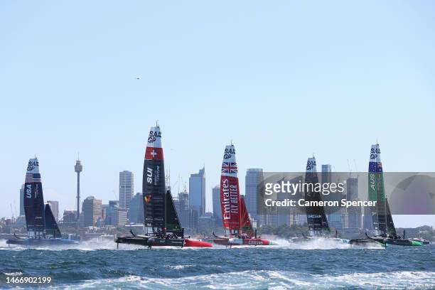 SailGP teams race during an official practice session ahead of SailGP Australia on Sydney Harbour on February 17, 2023 in Sydney, Australia.