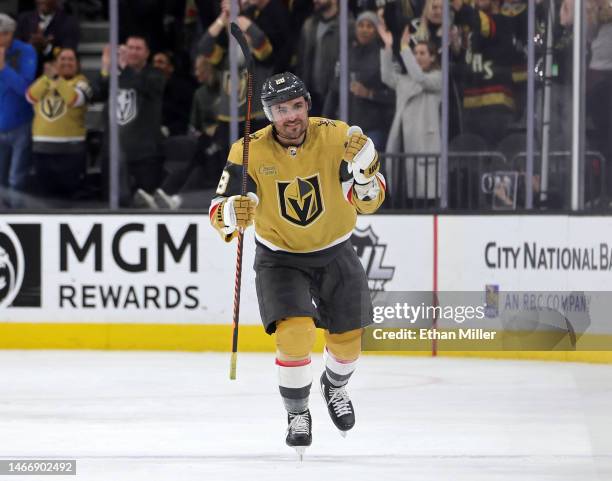 William Carrier of the Vegas Golden Knights pumps his fists after scoring a goal against the San Jose Sharks with under a minute left in the third...