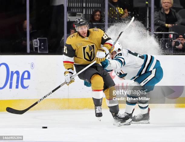 Jonathan Marchessault of the Vegas Golden Knights skates with the puck against Nick Cicek of the San Jose Sharks in the third period of their game at...