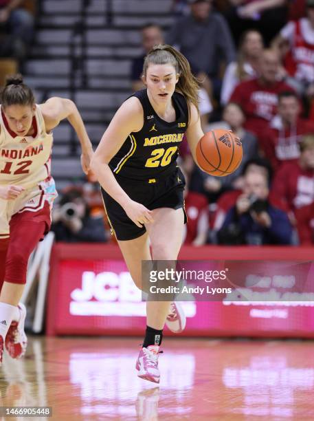 Alyssa Crockett of the Michigan Wolverines during the game against the Indiana Hoosiers at Simon Skjodt Assembly Hall on February 16, 2023 in...