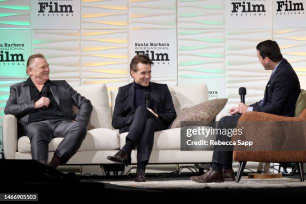 Honoree Brendan Gleeson, honoree Colin Farrell, and moderator Dave Karger speak onstage at the Cinema Vanguard Award Ceremony during the 38th Annual...