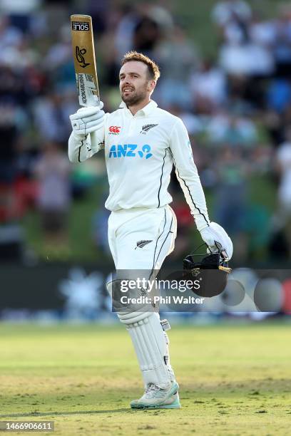 Tom Blundell of New Zealand makes his century during day two of the First Test match in the series between the New Zealand Blackcaps and England at...