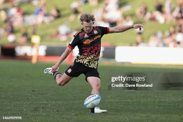 Damian McKenzie of the Chiefs kicks at goal during the Super Rugby Pacific Trial match between the Chiefs and the Blues at Navigation Homes Stadium...