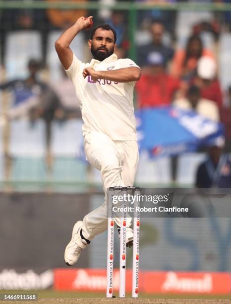 Mohammed Shami of India bowls during day one of the Second Test match in the series between India and Australia at Arun Jaitley Stadium on February...