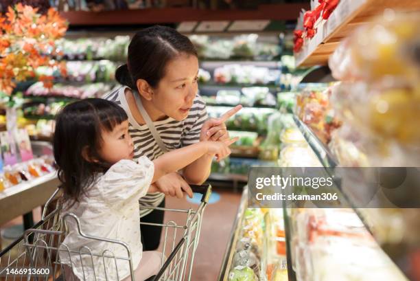 positive emotion asian mother and daughter shopping fresh vegetable and fruit and dairy products at supermarket and copy-space - madre ama de casa fotografías e imágenes de stock