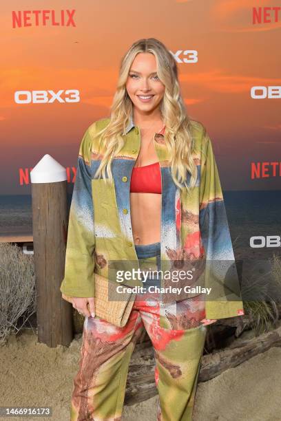 Camille Kostek attends the Netflix Premiere of Outer Banks Season 3 at Regency Village Theatre on February 16, 2023 in Los Angeles, California.