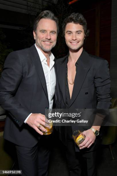 Charles Esten and Chase Stokes attend the Netflix Premiere of Outer Banks Season 3 at Regency Village Theatre on February 16, 2023 in Los Angeles,...