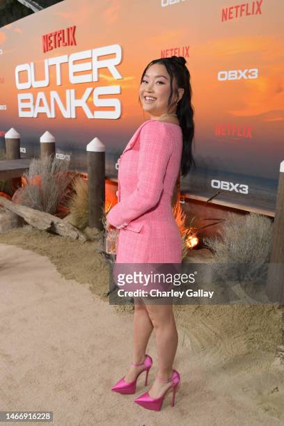 Lana Condor attends the Netflix Premiere of Outer Banks Season 3 at Regency Village Theatre on February 16, 2023 in Los Angeles, California.