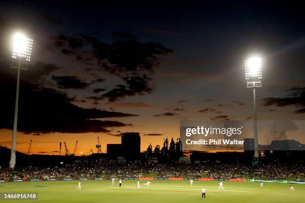 Blair Tickner of New Zealand bowls during day two of the First Test match in the series between the New Zealand Blackcaps and England at the Bay Oval...