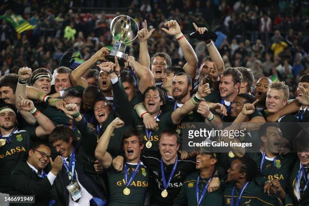 South Africa players celebrate during the trophy presentation of the IRB Junior World Championships final match between South Africa and New Zealand...