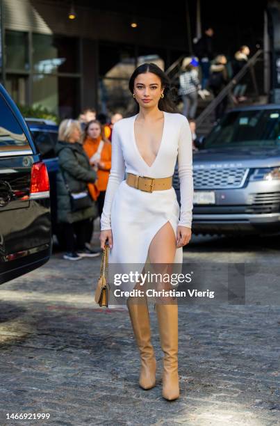 Guest wears outside Michael Kors New York Fashion Week during on February 15, 2023 in New York City.