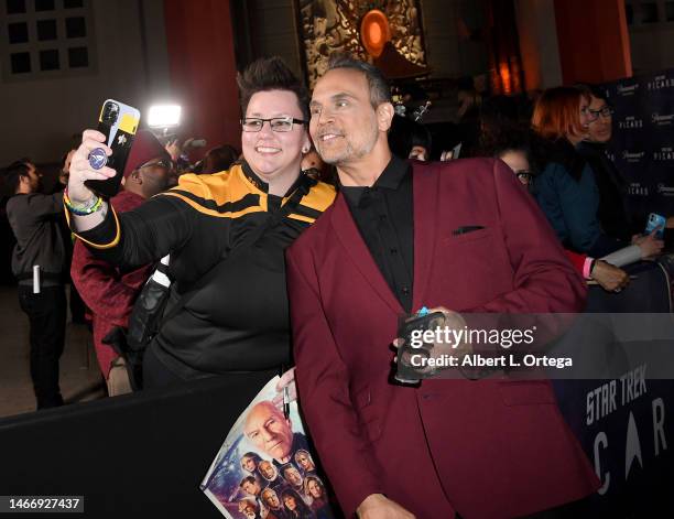 Todd Stashwick poses with a fan prior to entering the theater at the Los Angeles Premiere Of The Third And Final Season Of Paramount+'s Original...