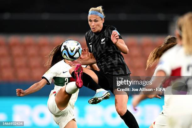 Hannah Wilkinson of New Zealand looks to control the ball away from Catarina Amado of Portugal during the International Friendly match between New...