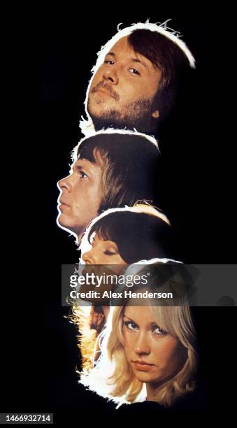 Composite studio portrait of the four members of Swedish pop group ABBA, London, 1977. From top: Benny Andersson, Bjorn Ulvaeus, Anni-Frid Lyngstad...