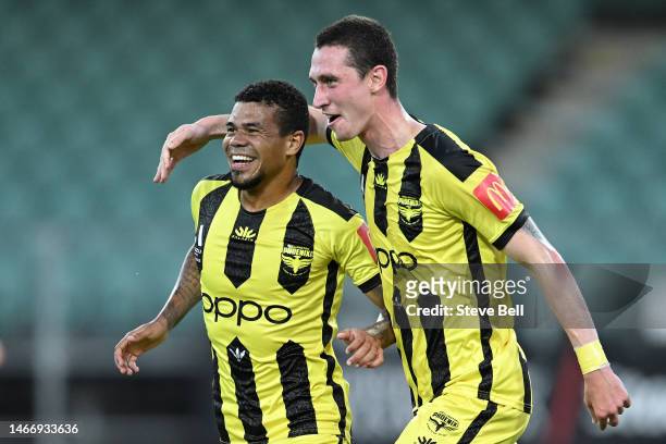 Yan Sasse of the Phoenix celebrates a goal during the round 17 A-League Men's match between Western United and Wellington Phoenix at University of...