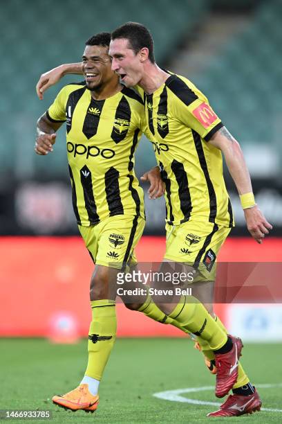 Yan Sasse of the Phoenix celebrates a goal during the round 17 A-League Men's match between Western United and Wellington Phoenix at University of...