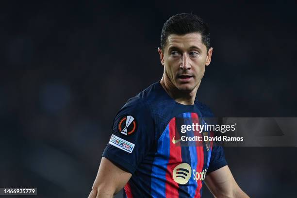 Robert Lewandowski of FC Barcelona looks on during the UEFA Europa League knockout round play-off leg one match between FC Barcelona and Manchester...