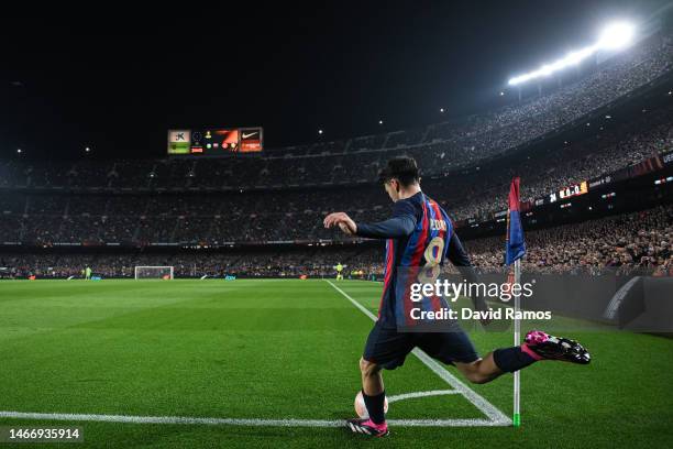 Pedri of FC Barcelona takes a free kick during the UEFA Europa League knockout round play-off leg one match between FC Barcelona and Manchester...