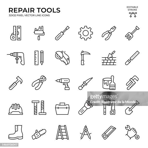 ilustraciones, imágenes clip art, dibujos animados e iconos de stock de conjunto de herramientas de reparación de iconos vectoriales de trazo editables - carpintero