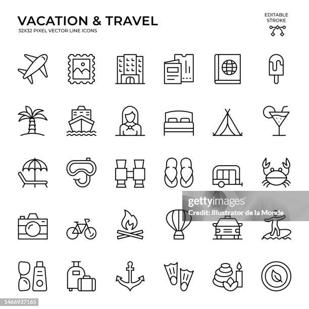 bildbanksillustrationer, clip art samt tecknat material och ikoner med editable stroke vector icon set of vacation and travel - map monde vector