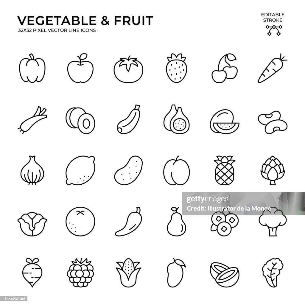 Ensemble d’icônes vectorielles de contour modifiables de légumes et de fruits