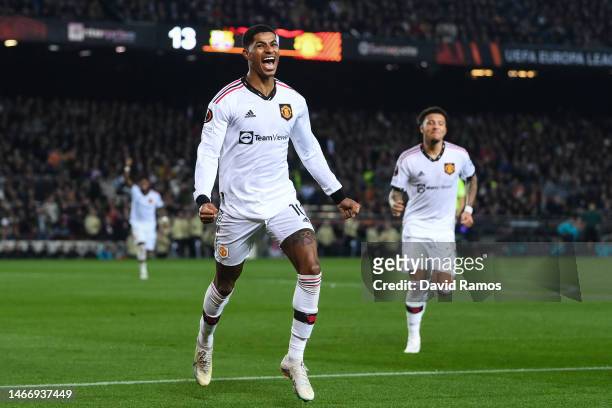 Marcus Rashford of Manchester United celebrates an own goal by Jules Kounde of FC Barcelona Manchester United's second goal during the UEFA Europa...