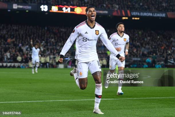 Marcus Rashford of Manchester United celebrates an own goal by Jules Kounde of FC Barcelona Manchester United's second goal during the UEFA Europa...
