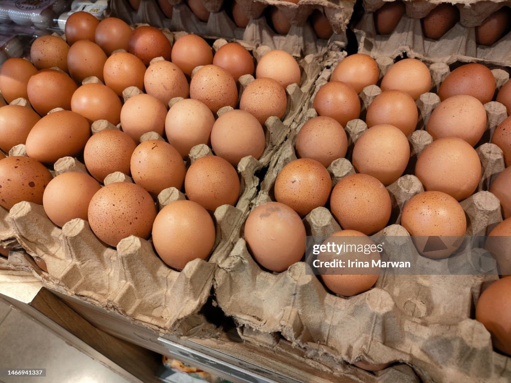 Eggs on display at a store, buying eggs