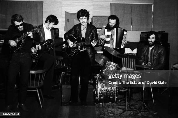 Rock group The Band rehearse in December 1969 in Woodstock, New York.