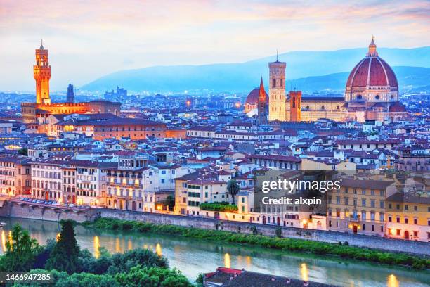panorama of florence at dusk - palazzo vecchio stock pictures, royalty-free photos & images