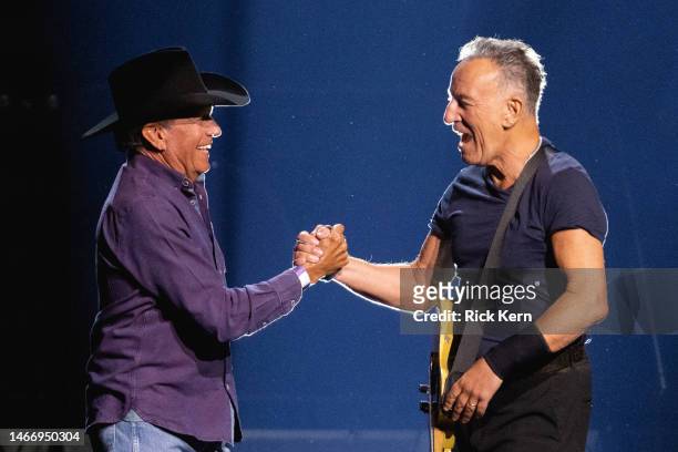 George Strait introduces Bruce Springsteen during the Bruce Springsteen and The E Street Band 2023 tour at the Moody Center on February 16, 2023 in...