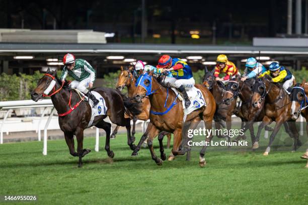 Jockey Luke Ferraris riding Smiling Time wins the Race 6 Sai Kung Handicap at Happy Valley Racecourse on February 15, 2023 in Hong Kong.