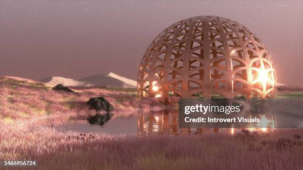 surreal 3d landscape in pink colors meadow with grass and water and sphere golden bronze building - surreal landscape stockfoto's en -beelden